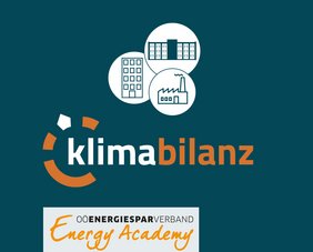 Logo mit Gebäude- und Blattmotiv und der Aufschrift Klimabilanz