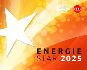 Energie Star Logo 2025 mit weißem Stern und abstraktem Hintergrund