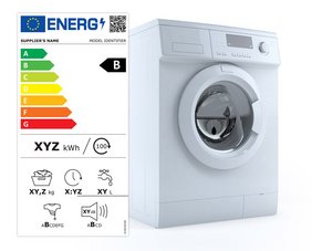 Energiepickerl mit einem Wäschetrockner im Hintergrund