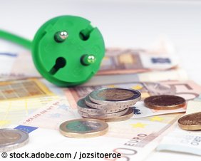 einige Münzen und Geldscheine, darauf liegt ein grellgrünes Stromkabel mit Schukostecker