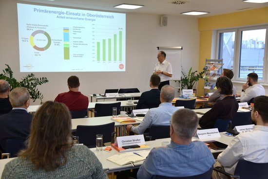 Seminarraum mit Referent und TeilnehmerInnen beim Kurz-Trainingsseminar PV, E-Auto, Speicher & Co für Baufachleute