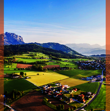 Grüne Landschaft mit Bergen im Hintergrund